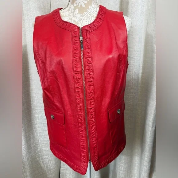 Peter Nygård Women’s Red Genuine Leather Zip Vest Size L Pockets, Stretch Back - Picture 2 of 14